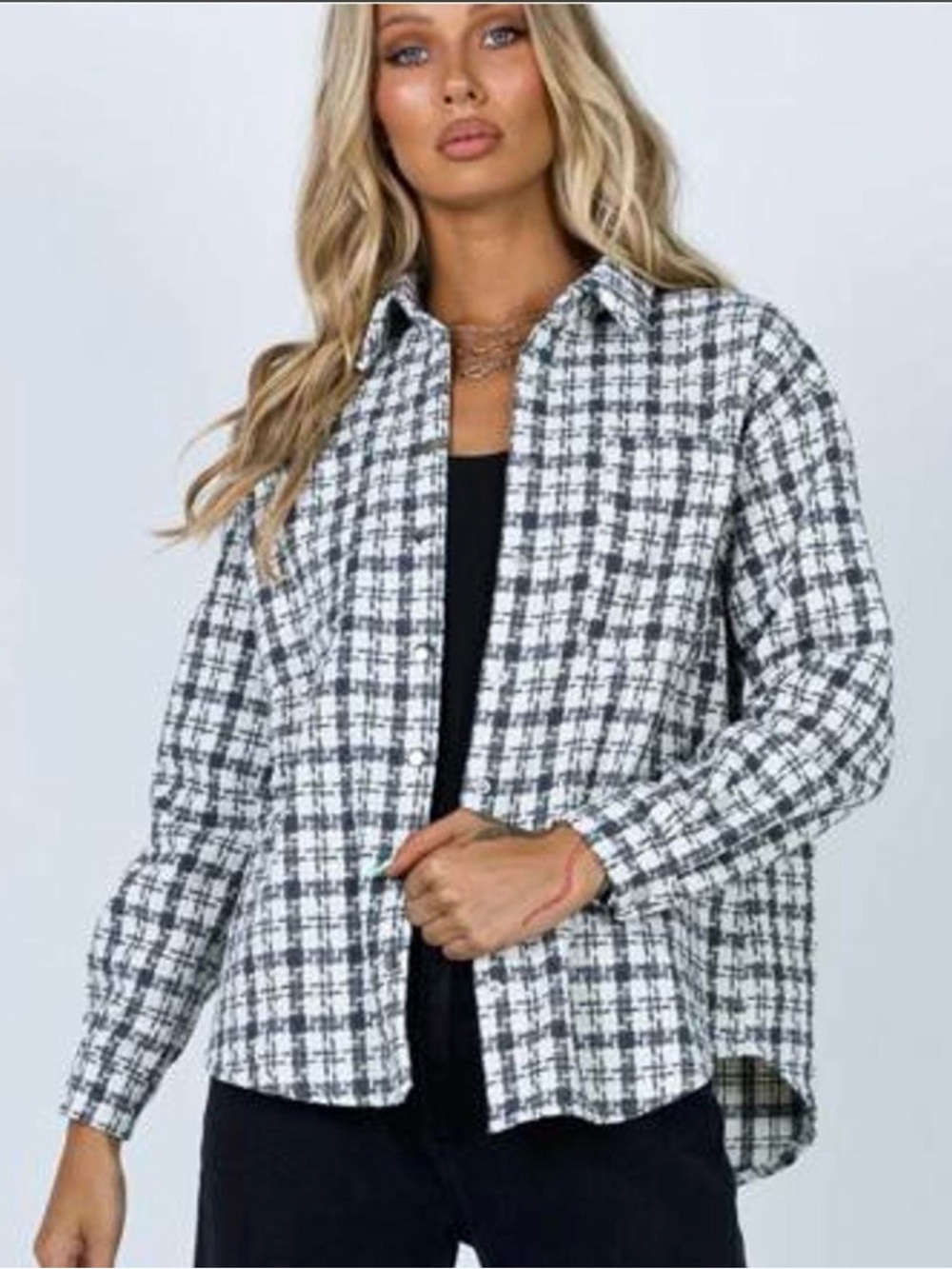 Princess Polly Alora Grey Blue & Cream Plaid Shacket Jacket with silver buttons
